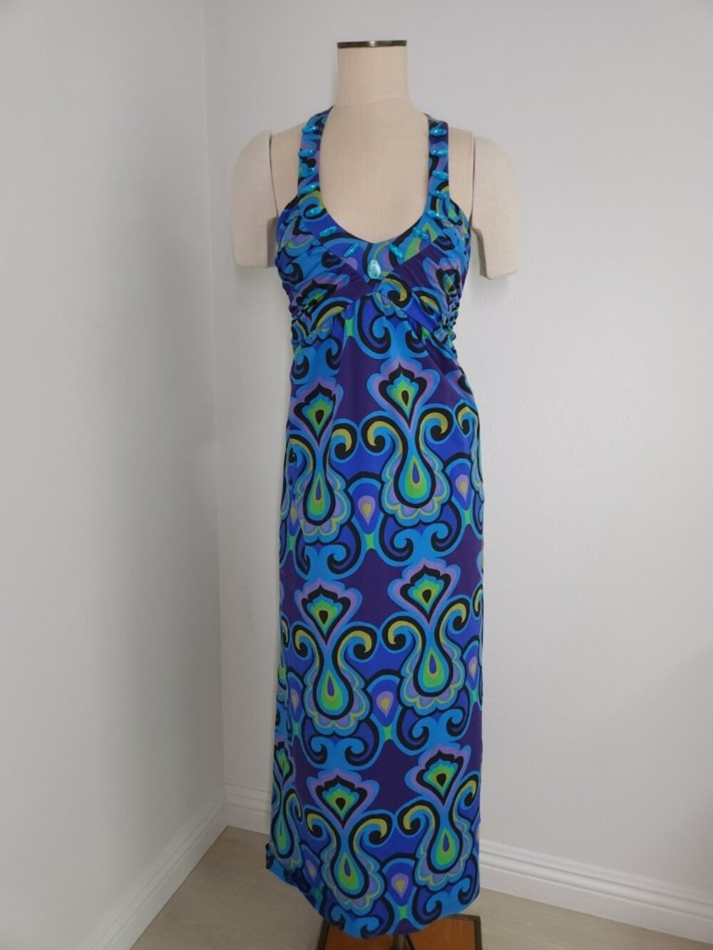 Boston Proper Size XS Blue Paisley Beaded V-Neck Empire Waist Boho Maxi Dress